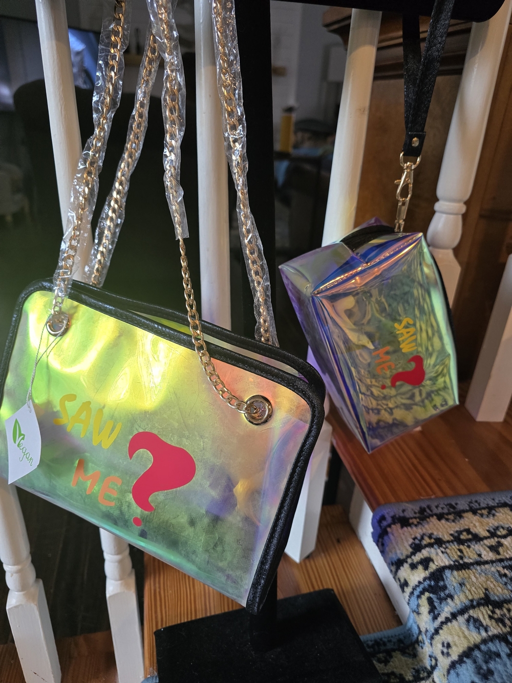 Holographic 'Saw Me?' Crossbody Bag in Iridescent Green